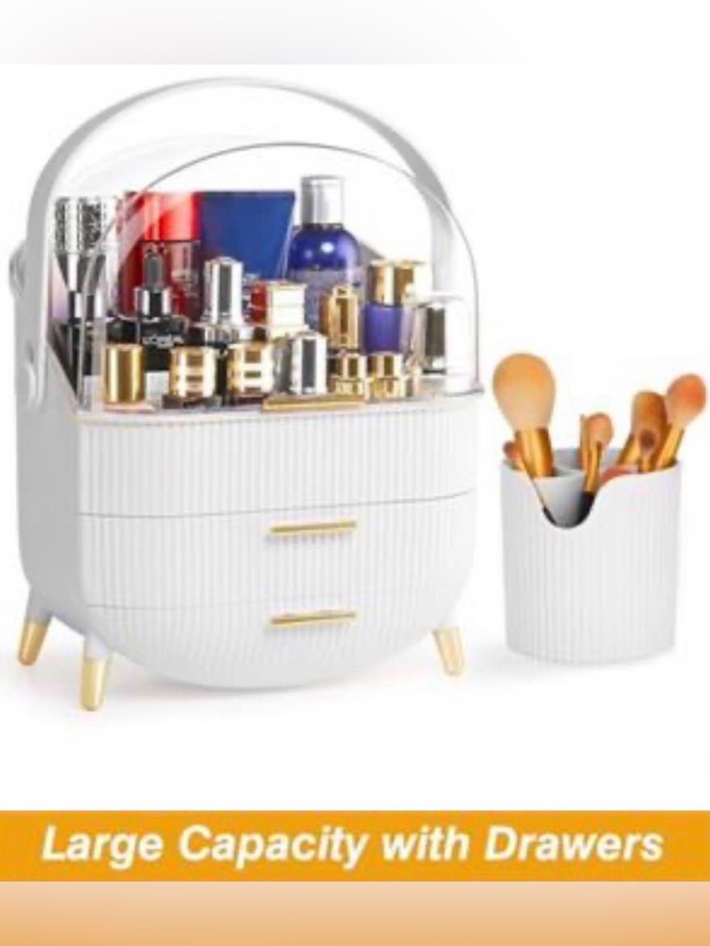 White Cosmetic Organizer with Clear Dome and Gold Accents